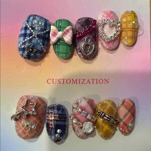Colorful Plaid and Rhinestone Handmade press on Nail Set
